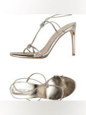 Stuart Weitzman Crystal-Embellished Metallic Gold Strappy Heels – Size 9M
